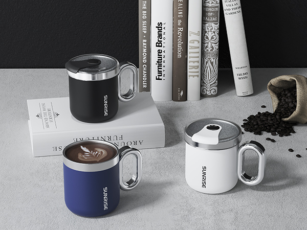 Desktop Stainless Steel Coffee Mug With Easy Grip Handle And Lid 12Oz Black